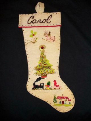 Vintage Decorated Felt Christmas Stocking Sequins - Beads - Fringe - Train/angel/tree