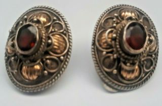 Gorgeous Vintage Clip On Earrings 925 Sterling Silver & 14k 585 Gold With Garnet
