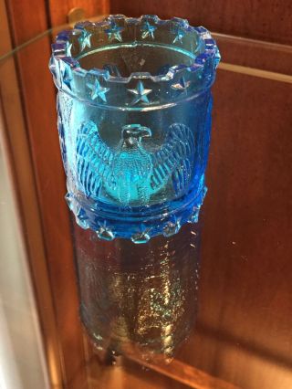 Vintage Fancy Eagle Drum Pattern Blue Glass Toothpick Holder Kanawha Dunbar W Va