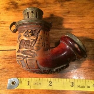Vintage Tobacco Pipe With Carved Stallion And Has Brass Trim And Lid.