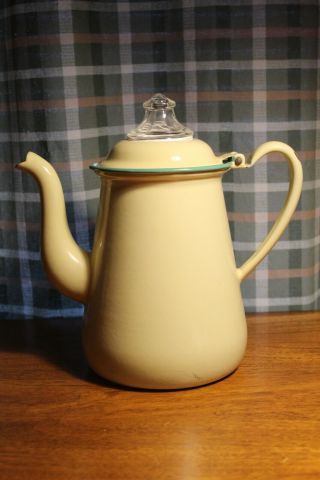 Vintage Green And Cream Enamel Teapot Coffee Pot With Pyrex Glass Percolator Top