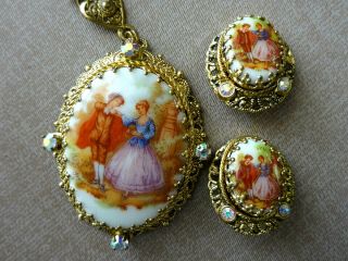 Vintage Porcelain Cameo & Crystal Necklace With Matching Clip Earrings