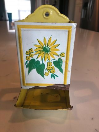 Vintage Metal Tin Stick Matchbox Holder With Yellow Flowers