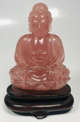 Antique Chinese Hand - Carved Rose Quartz Buddha Figure On Wood Stand