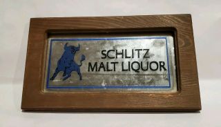 Schlitz Malt Liquor Beer Mirrored Glass Sign Framed Blue Bull 1970s Vintage Beer