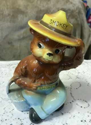 Vintage Smokey The Bear With Pail Ceramic Coin Bank Made In Japan By Norcrest