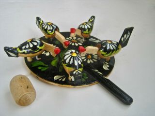Vtg Russian Folk Art Pecking Chickens Hens Wooden Hand Crafted String Paddle Toy