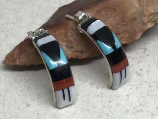 Zuni Vintage Native Multi - Stone Inlay Sterling Silver Half Hoop Earrings