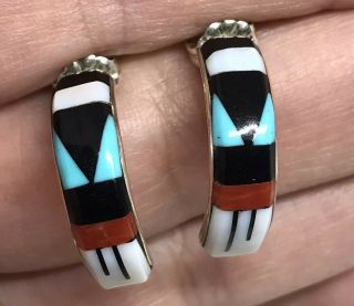 Zuni Vintage Native Multi - Stone Inlay Sterling Silver Half Hoop Earrings 2