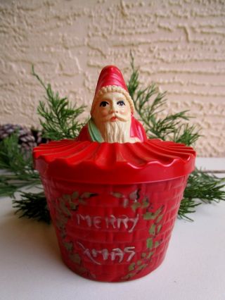 Antique Rare Celluloid " Merry Christmas Santa In Basket " Candy Container