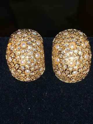 Vtg Christian Dior Pave Rhinestone Pearl Half Hoop Clip Earrings Gold Tone
