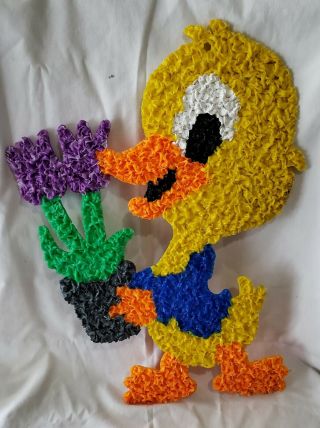 Vintage Melted Plastic Popcorn 18 " Chick Duck Flowers Easter Decoration