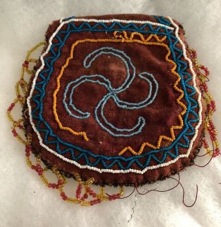 Antique Native American Indian Beaded Swastika Good Luck Pouch Purse Whirl.  Log