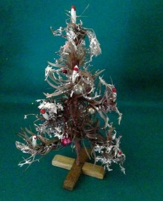 Vintage German Christmas Feather Tree Miniature Ornaments Candles Glitter Snow
