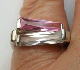 Vintage 925 Sterling Silver Pink Clear Stones Crossover Ladies Ring Size N O