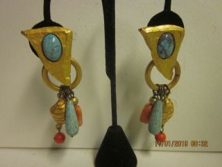 Vintage Kate Hines Goldtone Turquoise W/ Removable Glass Dangle Earrings