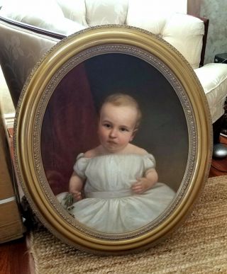 Early 19th C.  Antique Child Portrait Oil On Board Oval Gilded Frame 29 "