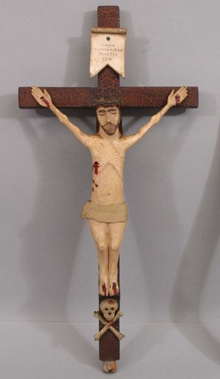 19thc Antique Folk Art Carved & Painted,  Spanish Colonial Jesus Crucifix Santos,