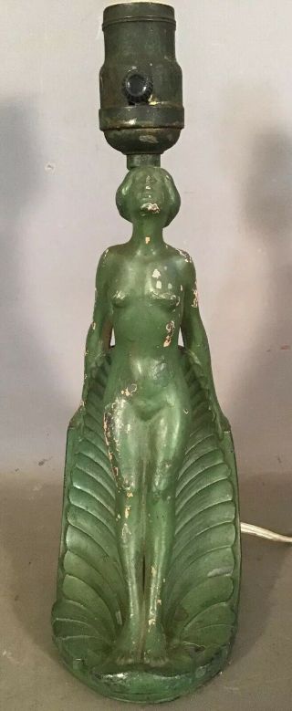 Ca1930 Antique Art Deco Nude Lady Statue Figural Frankart Green Old Boudoir Lamp