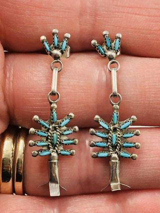 Vtg Native American Zuni Sterling Petit Point Turquoise Earrings Signed Nvh