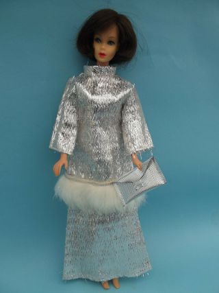 Vtg Barbie Doll Clone Silver Metallic Tunic Dress W/fur Trim Purse Skirt Outfit
