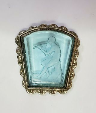 Vintage Art Deco Aqua Reverse Carved Intaglio Glass Pin Man Playing Flute