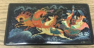 Vintage Russian Black Lacquer Box With Hand Painted Scene,  Signed,  Nos