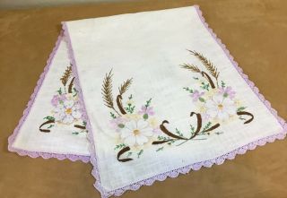Vintage Rectangle Dresser Scarf,  Cotton,  Embroidered Flowers,  Leaves,  Multi