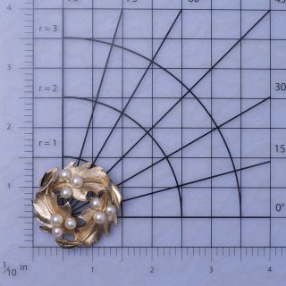 Vintage Trifari Faux Pearl 3 Brushed Gold Tone Leaf Circle Wreath Pin Brooch 3