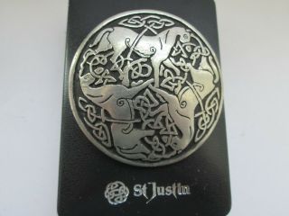 Vintage Signed St Justin Pewter Celtic Inverurie Horses Animal Brooch Kilt Pin