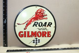 Vintage Roar With Gilmore Racing Gasoline Service Porcelain Metal Sign Gas Oil