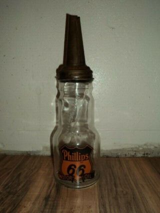 Vintage Phillips 66 Motor Oil Bottle Quart Glass Jar And Spout With Box