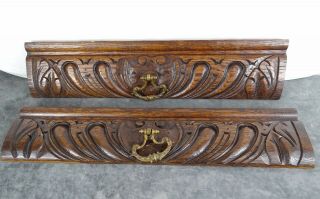 Antique French Pair Drawer Fronts Panel Pediment Furniture Oak Wood Carved