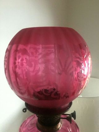 Antique Cranberry Round Oil Lamp Shade With Acid Etching