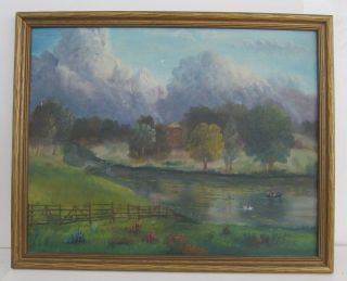 Vintage Impressionist Country River Landscape Unsigned Oil Painting Framed 24x30