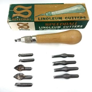 Vintage Speedball Linoleum Cutters Assortment 1 Handle 10 Cutters 4131