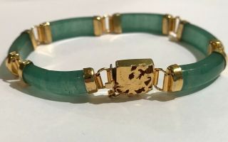 Stunning Vintage Chinese Gold Plated Green Jade Link Bracelet With Dragon Clasp