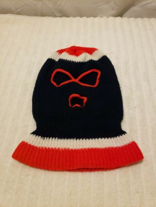 Vintage 1980s Knit Ski Mask Robber Three Hole Blue W/red & White Trim Adult Size
