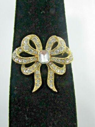 Vintage Monet Bow Ribbon Clear Rhinestone Gold Tone Pin Brooch 2 3/4 "