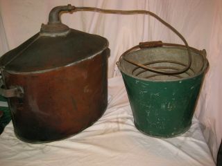 Antique Copper Moonshine Still With Rare Coil Bucket - Whiskey All Lqqk