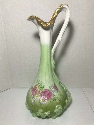 Vintage Limoges Hand Painted Tall Flower Pitcher Vase,  Green With Pink Flowers