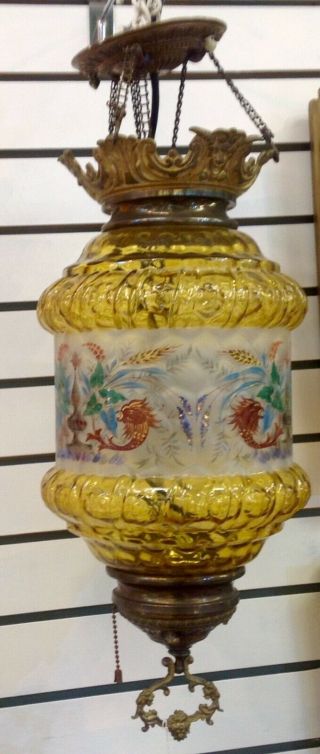 Antique Victorian Oil Hanging Lamp Electrified Amber Glass Hand Painted Venetian