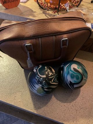 Set Of 2 Duck Pin Bowling Balls Green Black And White Swirl With Tan Bag Vintage