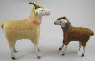 Two Antique German Putz Sheep - One Brown And One Ram