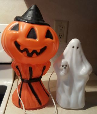 Vintage Halloween Blow Mold Electric Pumpkin And Ghost