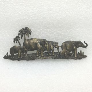 Signed Jj Vintage Elephant Herd Brooch Pin Brass Tone Family Costume Jewelry