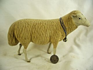 Very Large Antique German Putz Sheep Composition With Stick Legs