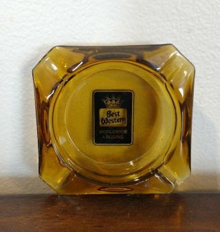 Vintage Best Western Worldwide Lodging Ashtray - Amber Glass - Square 3.  5 " X3.  5 "