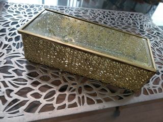 Vintage Gold Ornate Filigree Jewelry Trinket Box Beveled Glass Lid Silversmiths