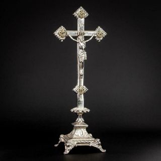 Crucifix Altar | Standing Cross |antique Jesus Christ | Silvered Metal |19 "